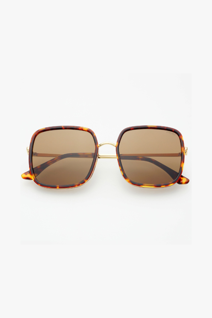 Sunglasses with tortoiseshell frame and brown lenses on a white background
