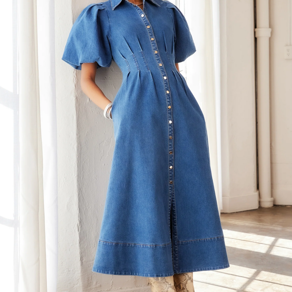 midi denim shirt dress Fifteen Twenty Esme Dress- 6 Patchwork Denim Adds a I Tried 7 Caesar Color:pink/black 10P