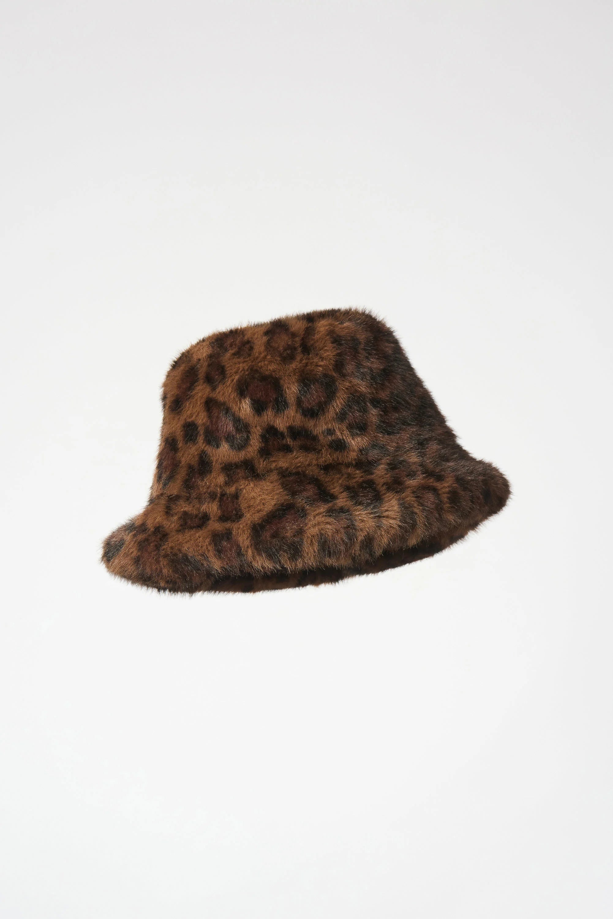 Leopard print bucket hat on a white background
