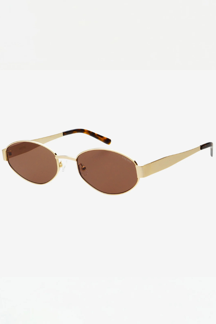 Gold-framed sunglasses with brown lenses on a white background