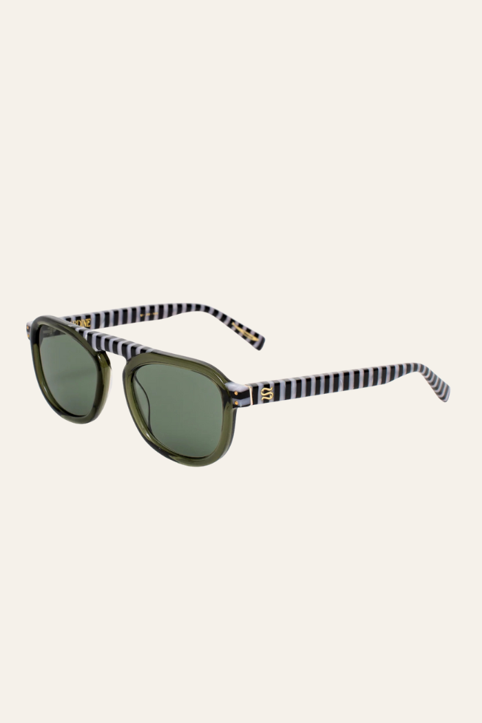 Sunglasses with checkered arms on a light beige background