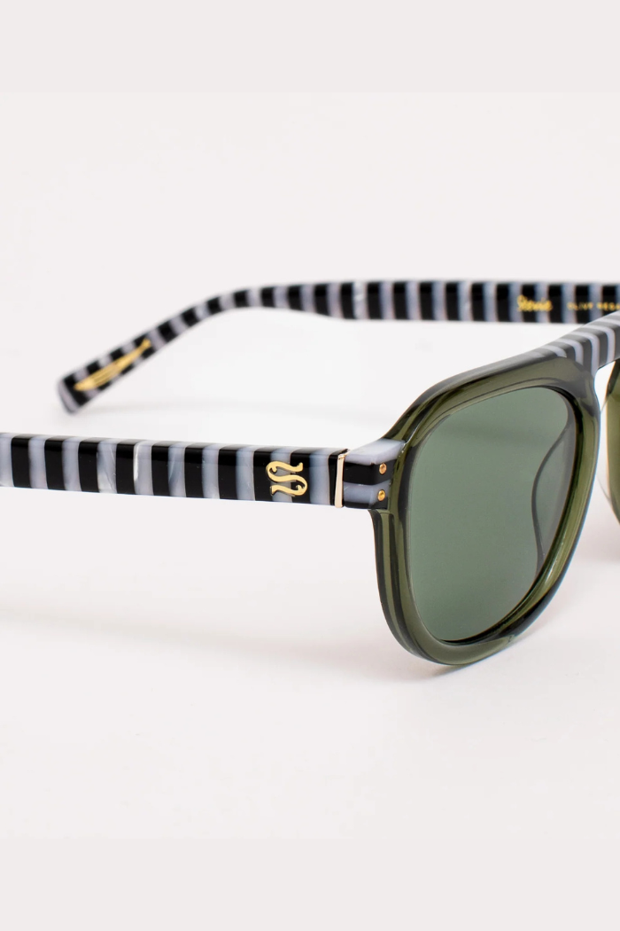 Sunglasses with striped black and white arm design on a white background
