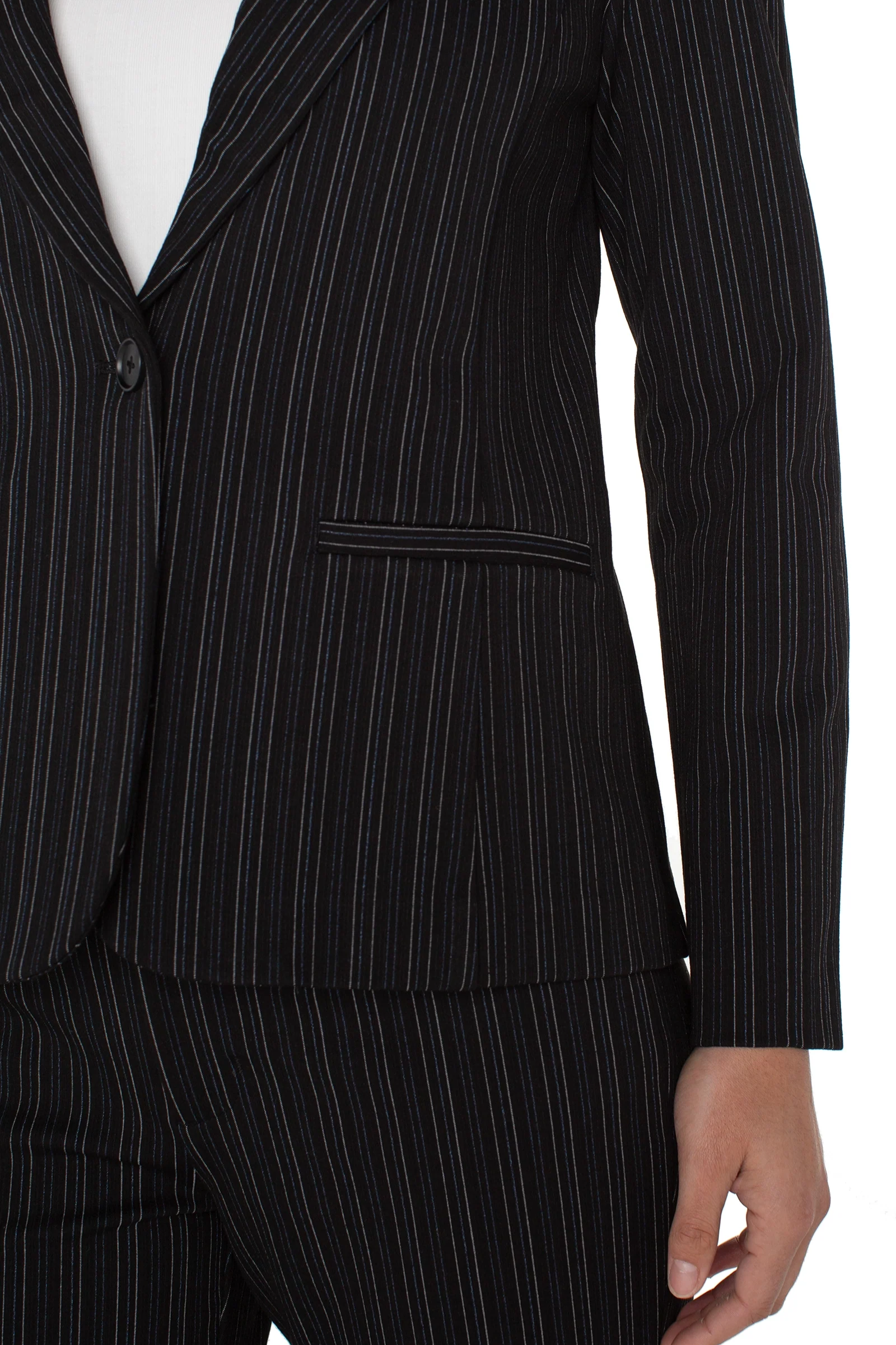 Black pinstripe suit jacket on a white background