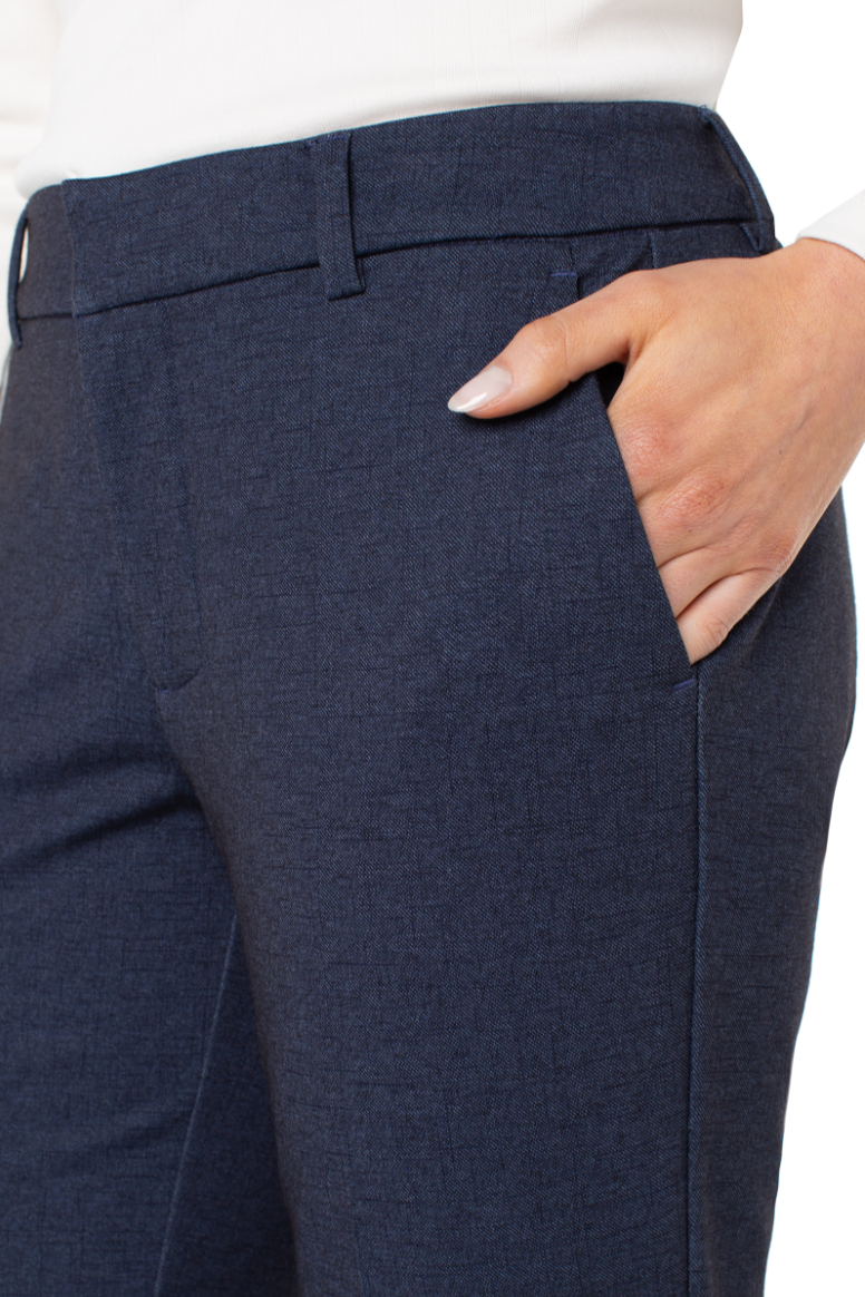 Navy blue pants with a hand in the pocket on a white background