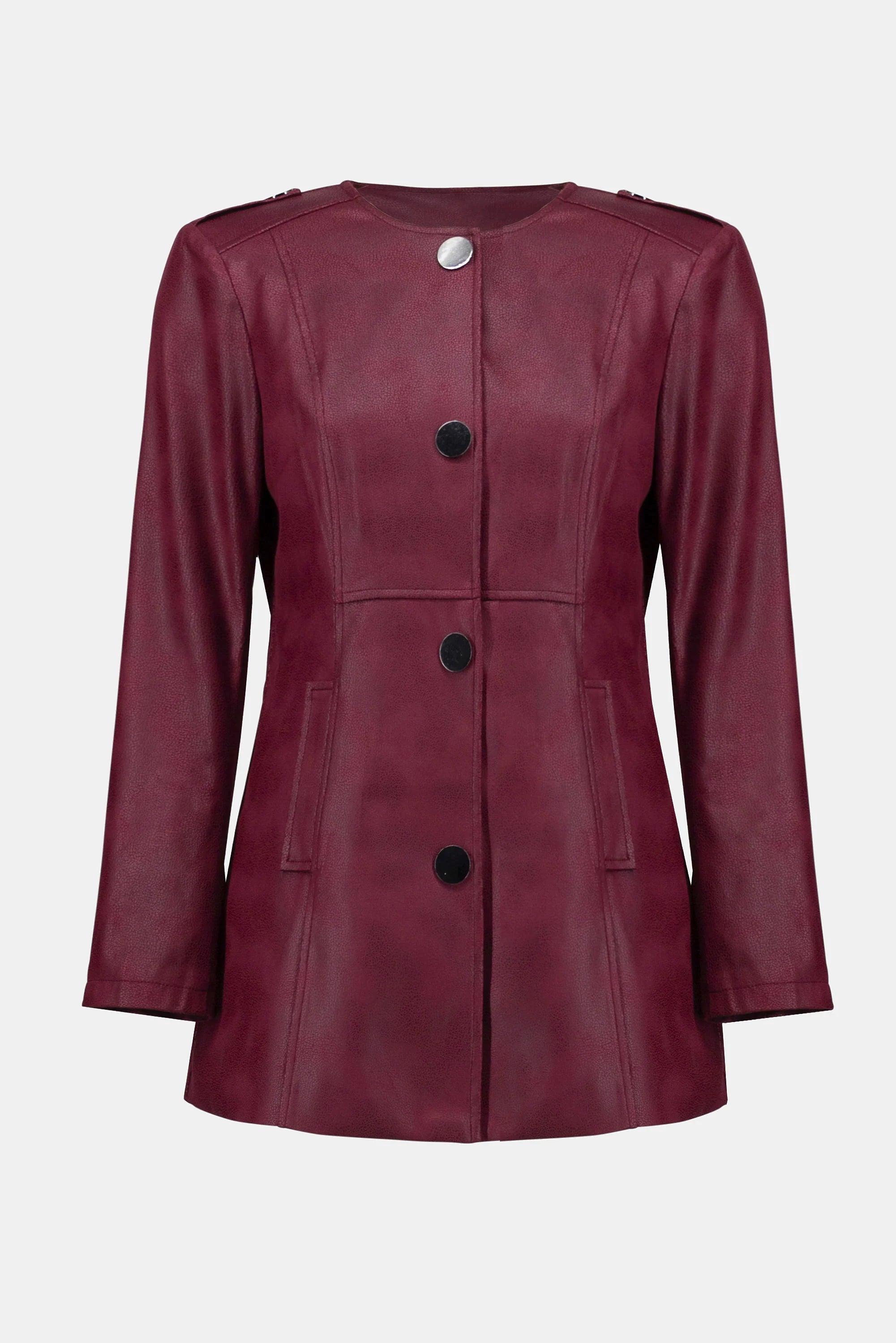 Maroon leather coat with black buttons on a white background