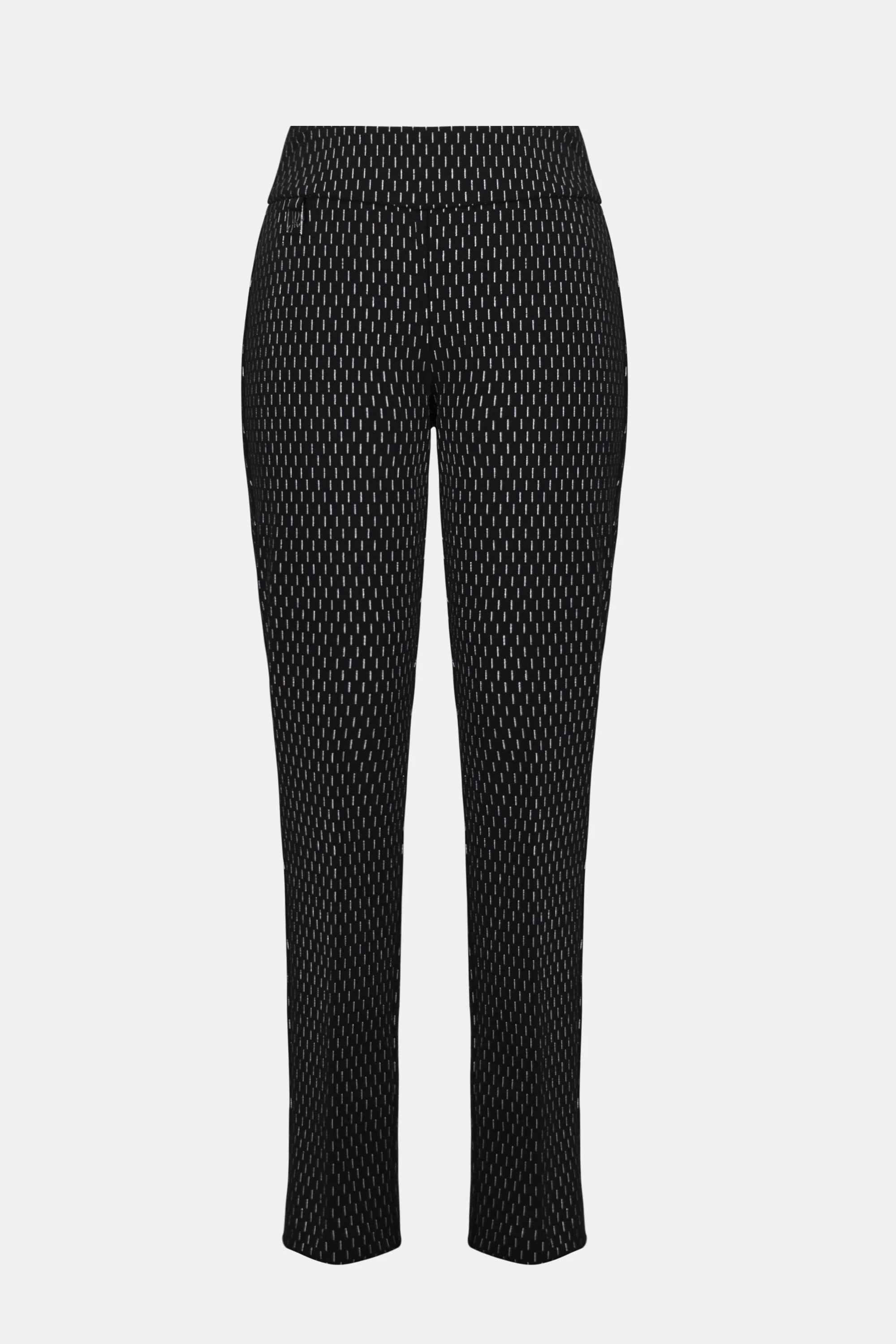 Black patterned pants on a light gray background