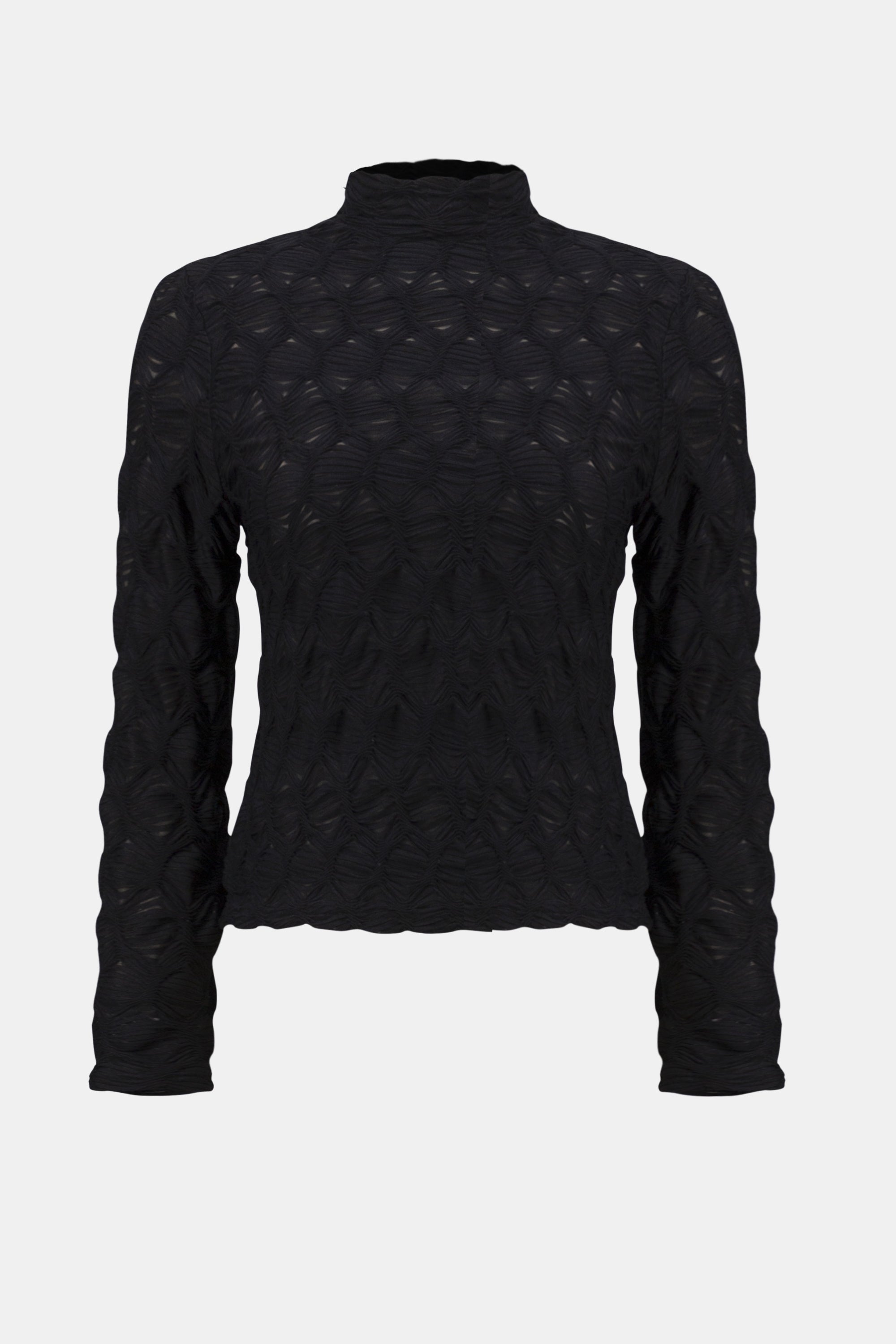 Black turtleneck sweater on a light gray background