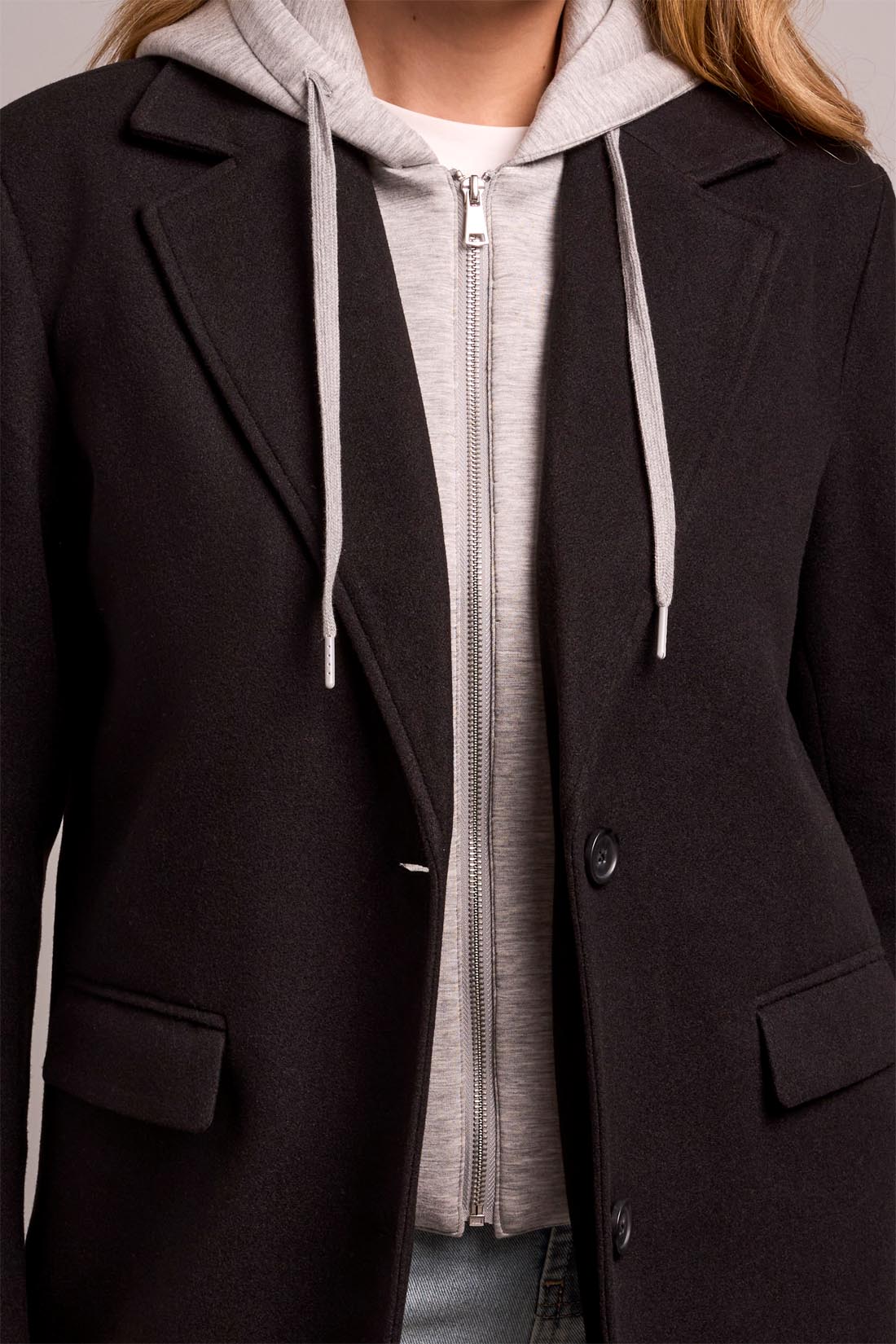 Person wearing a black coat over a gray hoodie with a zipper.