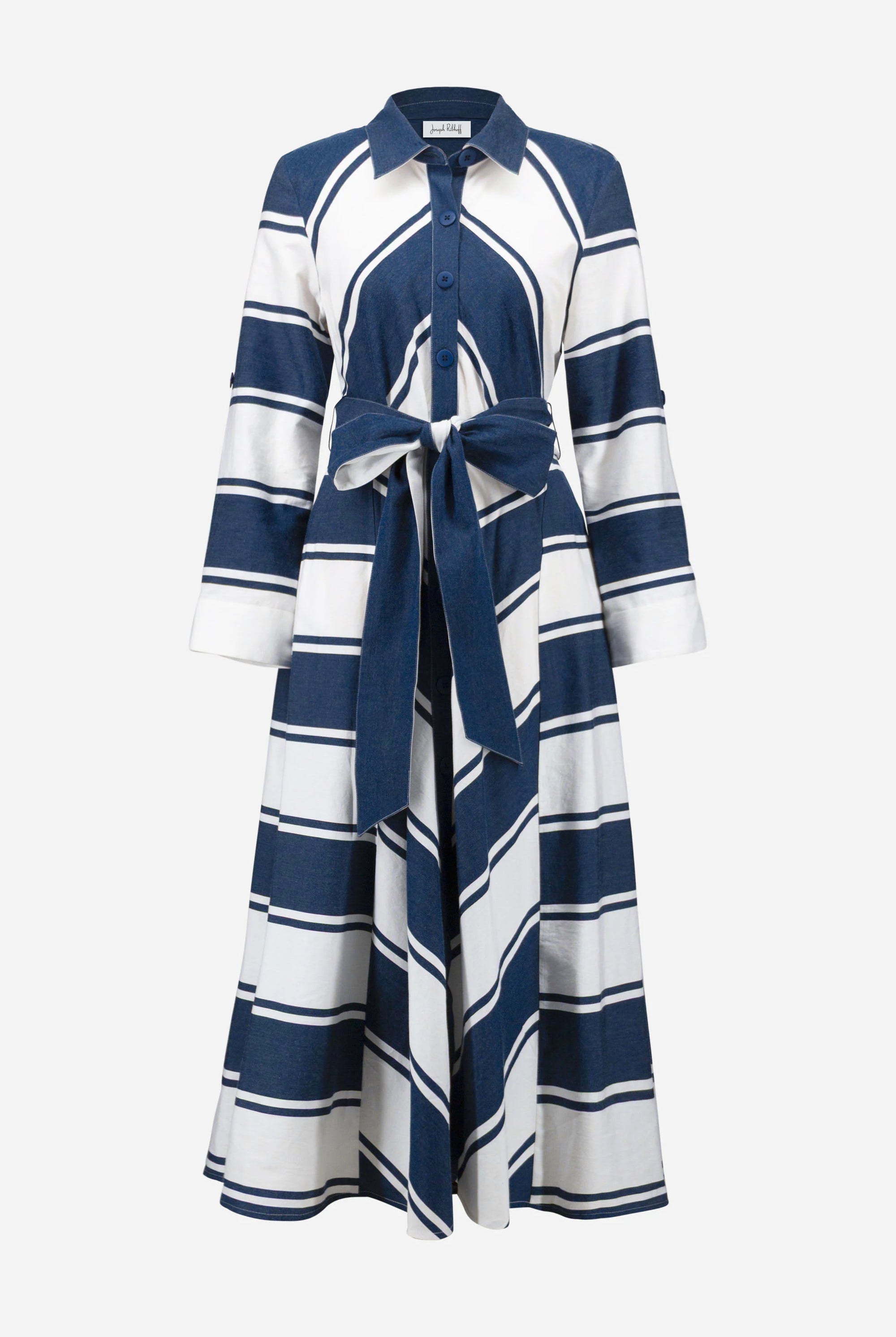 Long blue and white striped dress with a belt on a white background