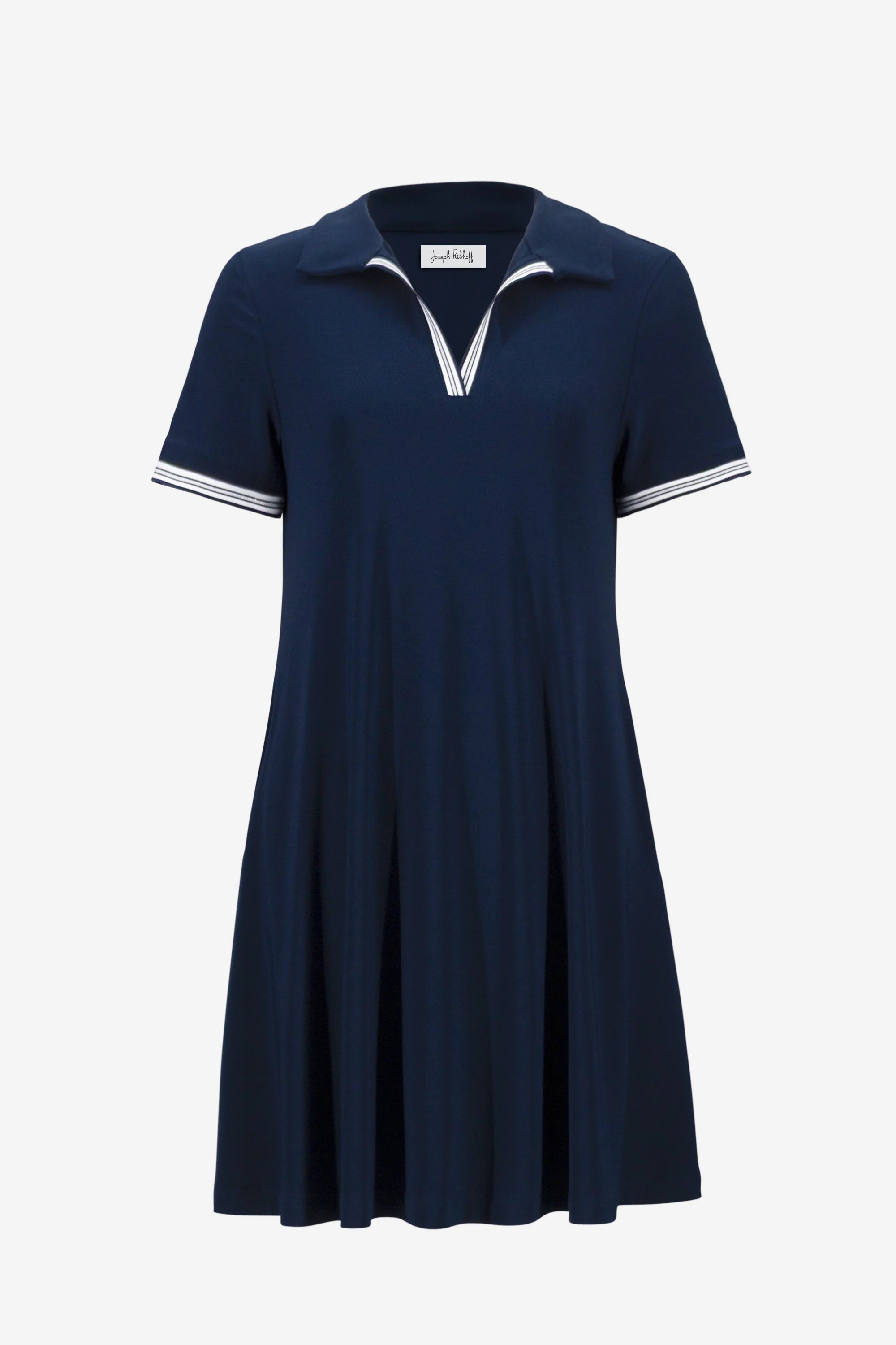 Navy blue dress with white trim on a white background