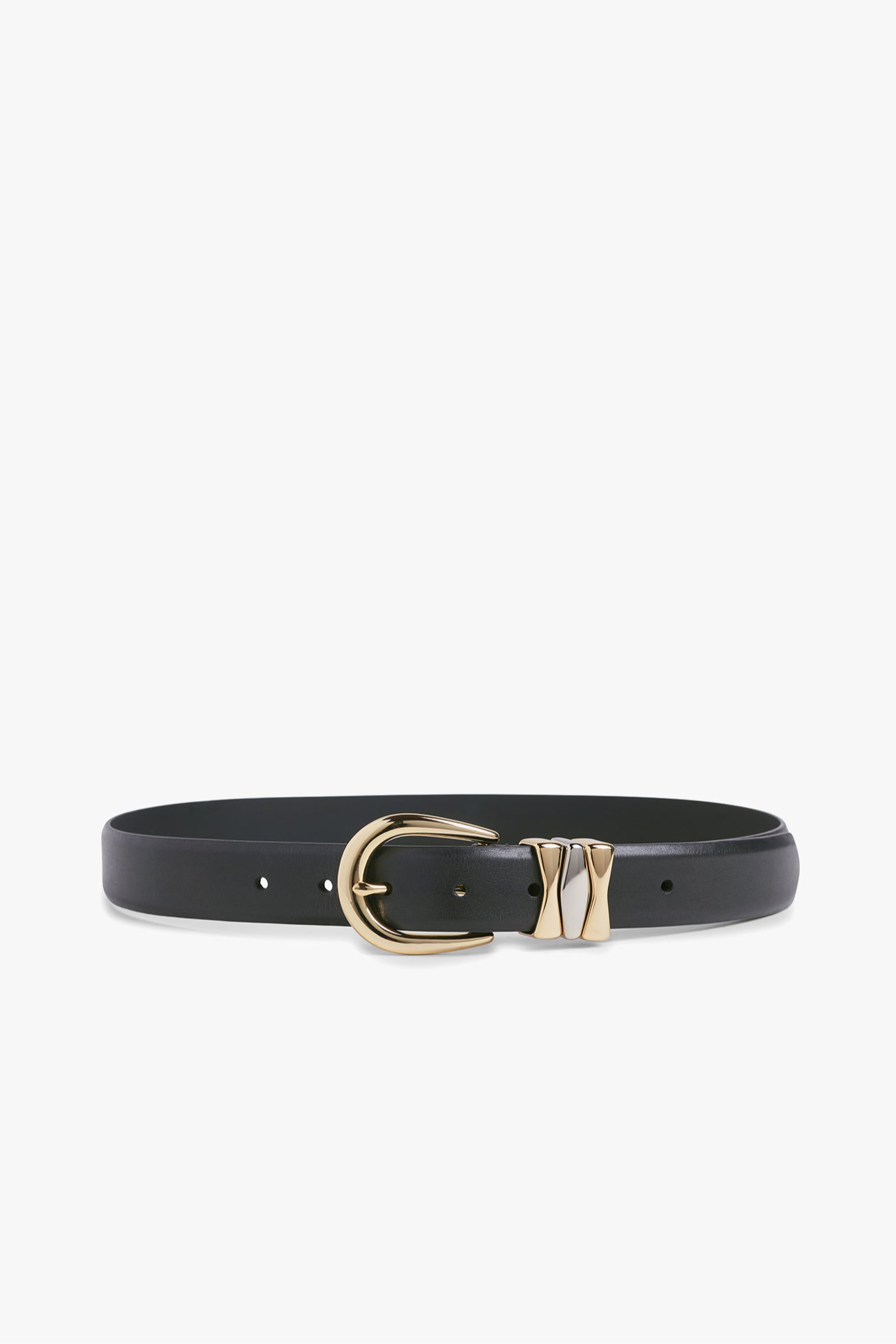 Black belt with a gold buckle on a white background