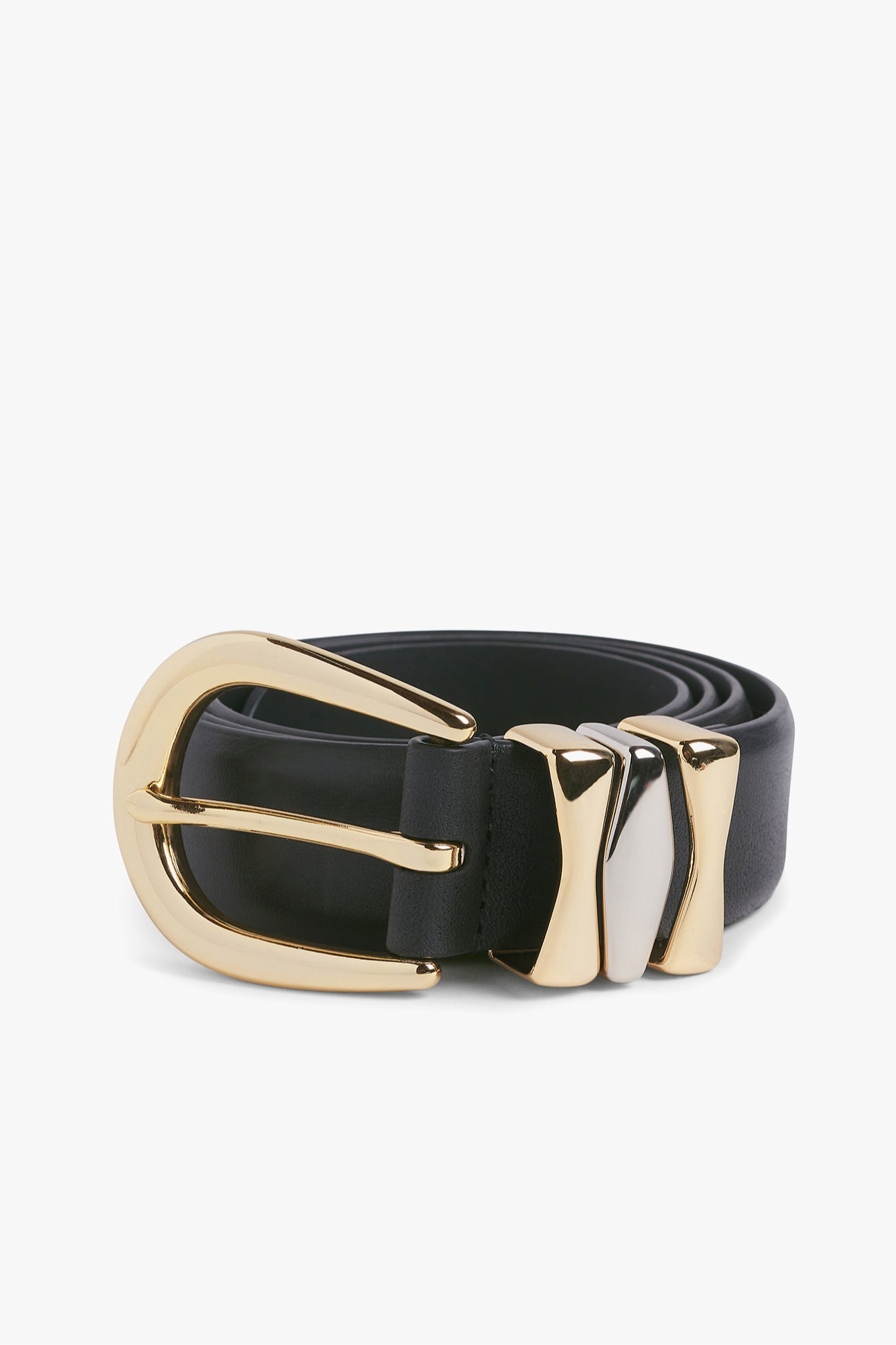 Black belt with a gold buckle on a white background