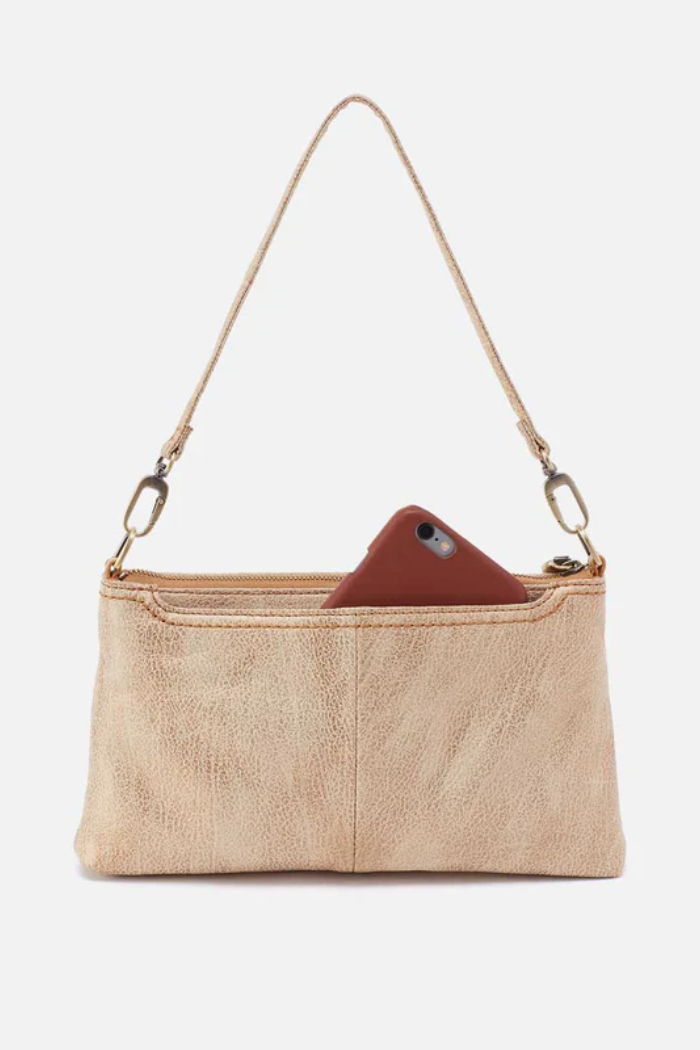 Beige handbag with a brown phone pocket on a white background