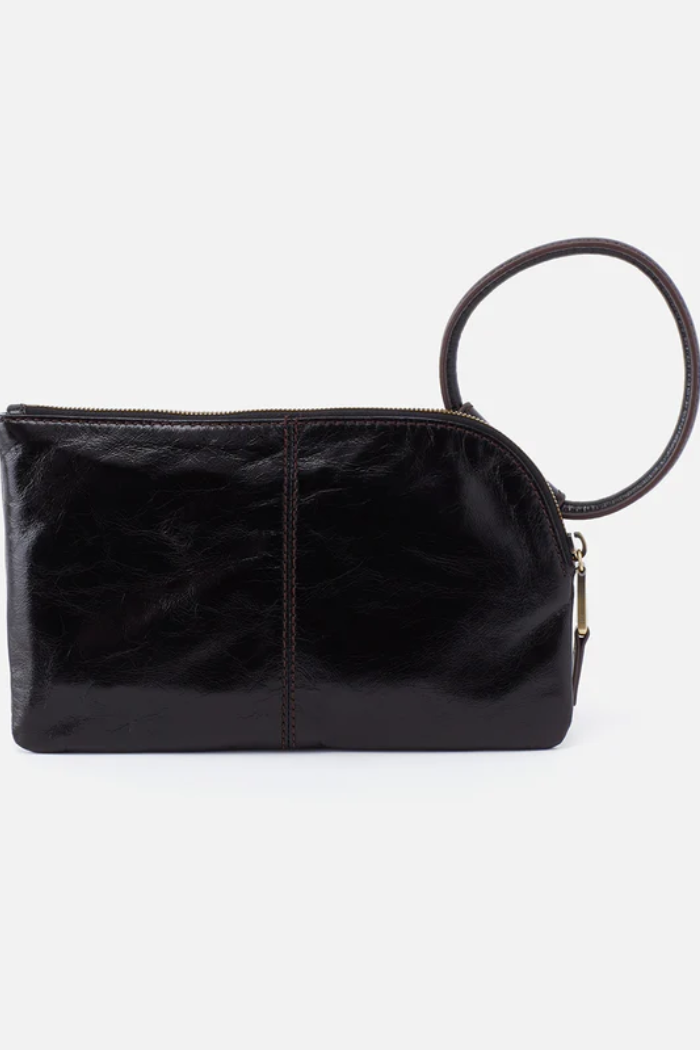 Black leather clutch bag with a handle on a white background