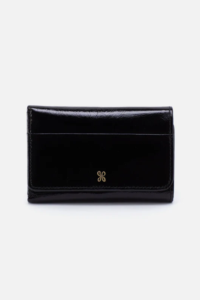 Black wallet with a gold emblem on a white background