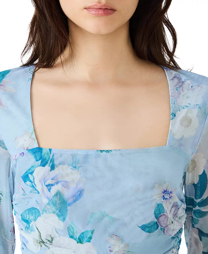 Light blue floral dress with a close-up of the neckline