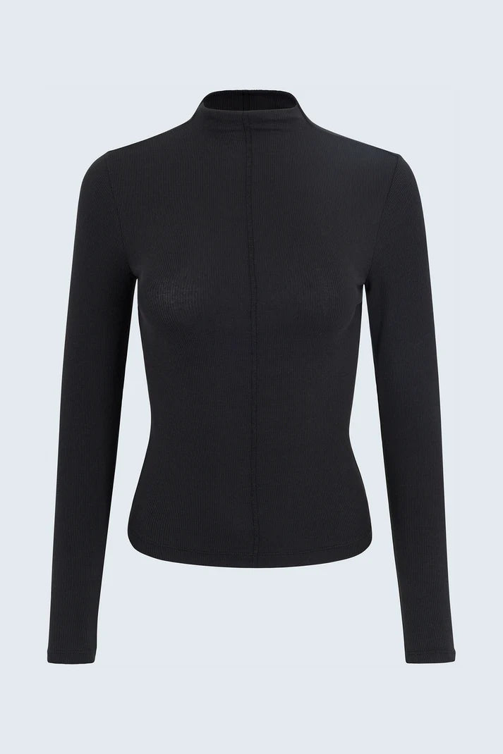 Black long-sleeve top on a light gray background