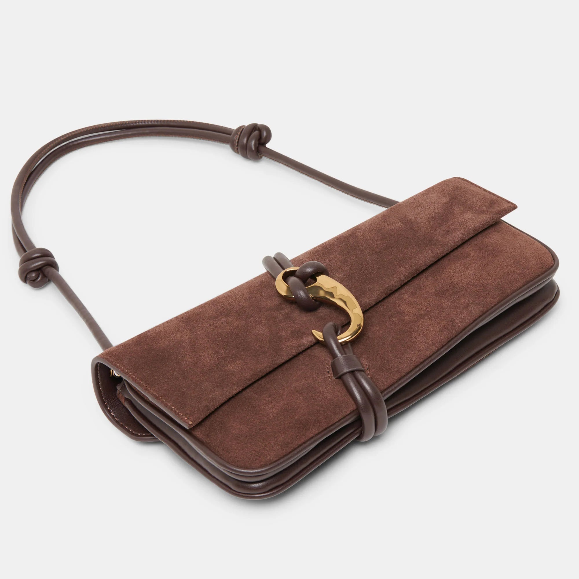 Brown leather clutch bag with a gold clasp on a white background