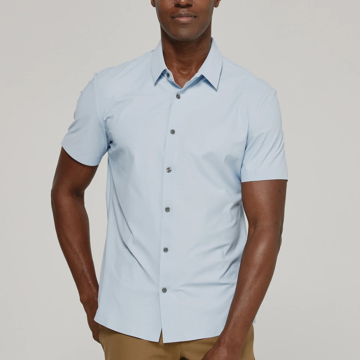dusty blue dress shirt American Me Short Sleeve / XL This Shirt Features A Solid Blue Color With A Collared Neckline And Button Closure Cruel Denim Dusty Blue Satin
