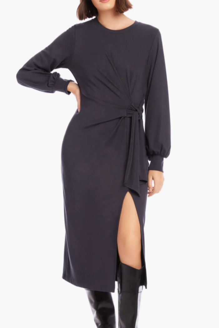 Addie Side Knot Long Sleeve Midi Dress in Green Addie Side Knot Long Sleeve Midi Dress in Green
