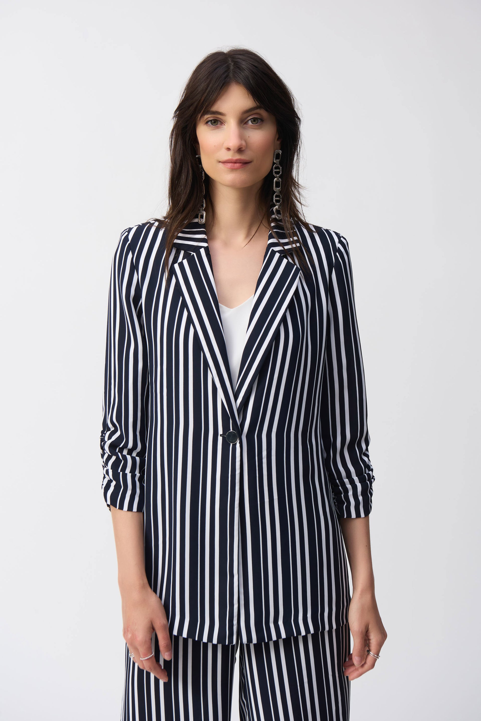 Woven Stripe Print Boxy Blazer- Midnight Blue/Vanilla – Rooted Boutique