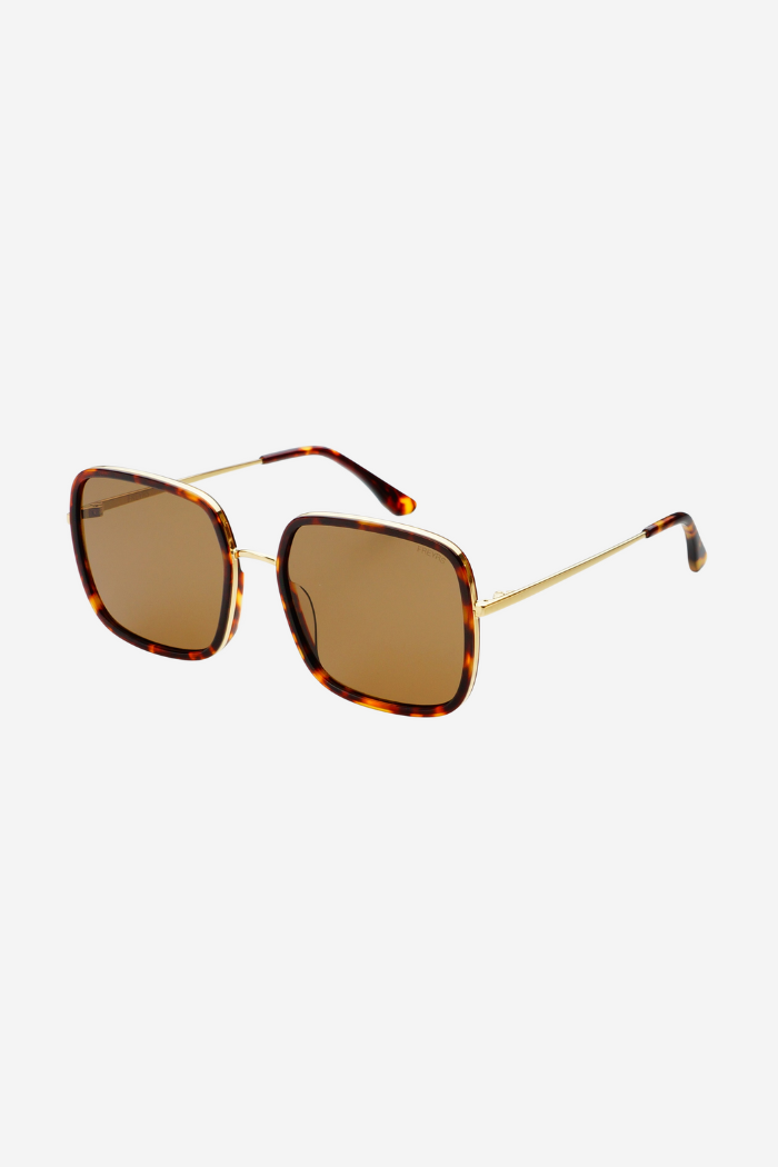 Sunglasses with tortoiseshell frame and brown lenses on a white background