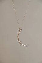 Gold and silver crescent moon necklace on a plain background