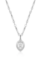 Silver necklace with a teardrop-shaped pendant on a white background