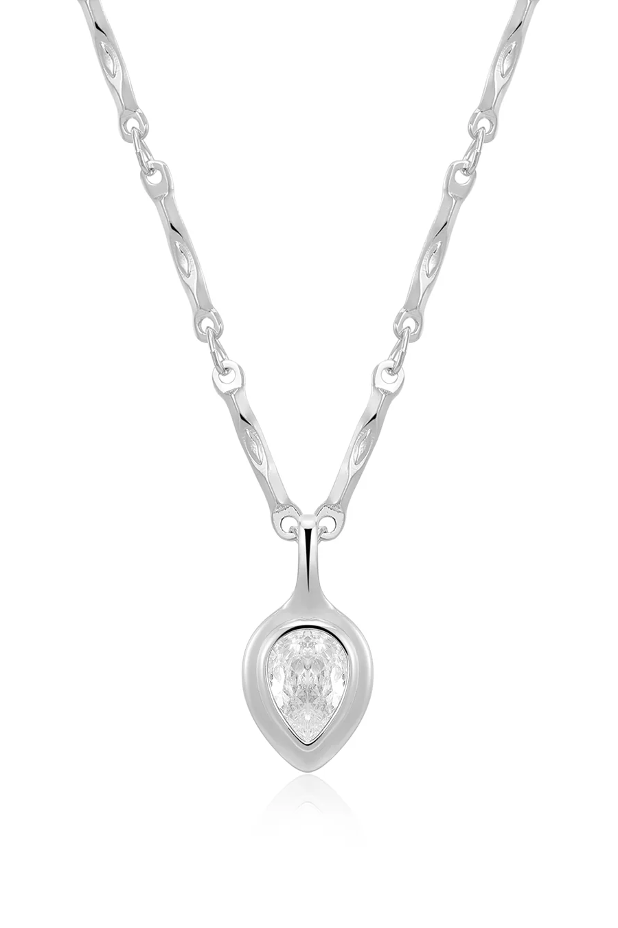 Silver necklace with a teardrop-shaped pendant on a white background