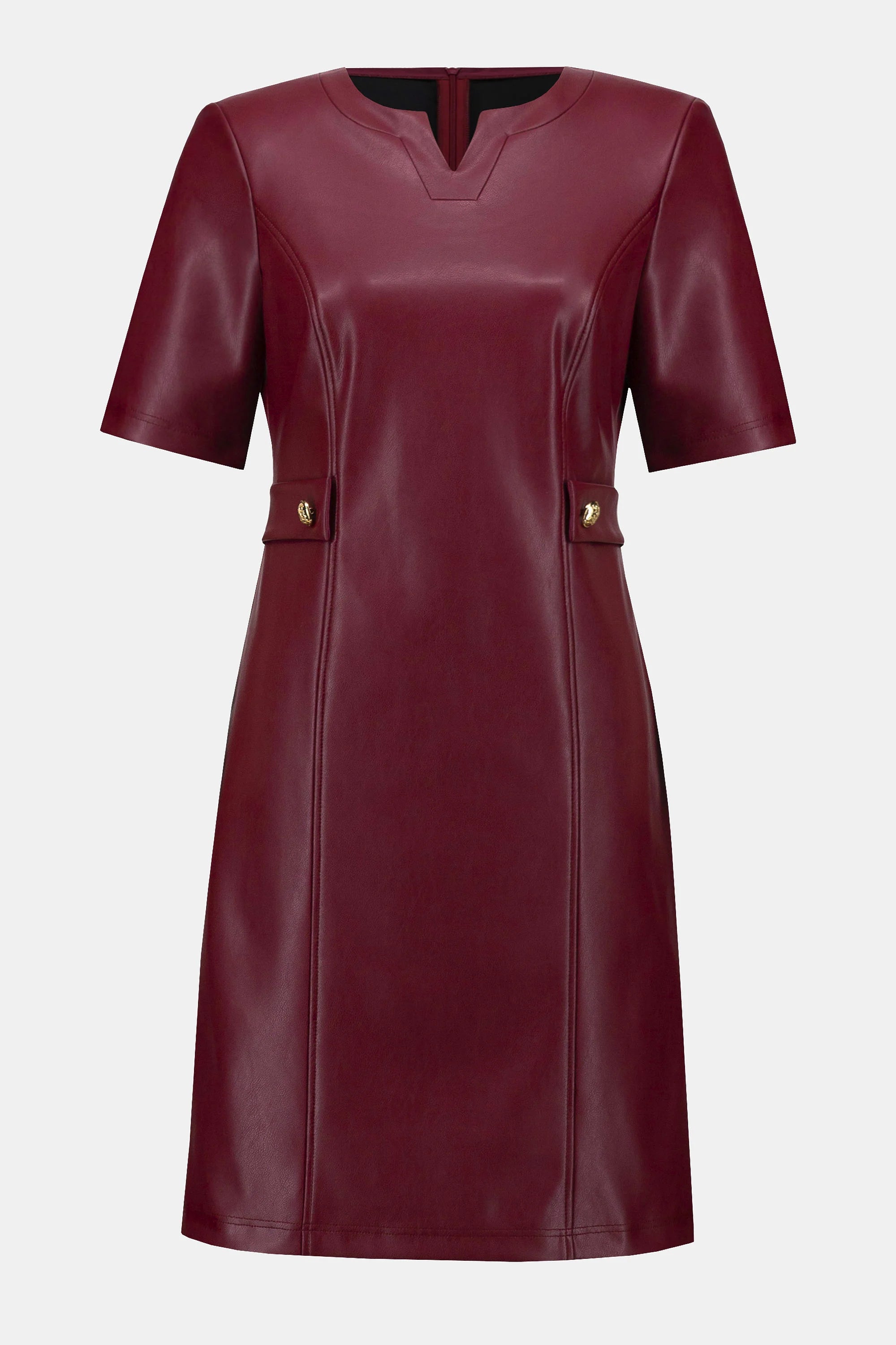 Maroon leather dress with short sleeves on a light gray background