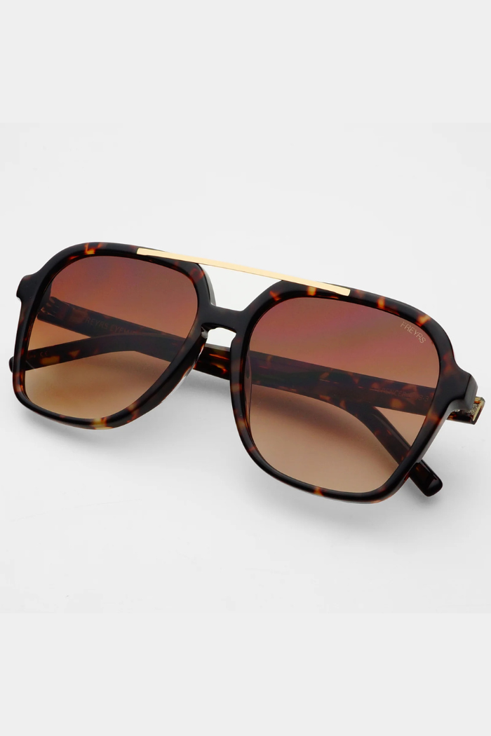 Sunglasses with tortoiseshell frame and brown lenses on a light gray background