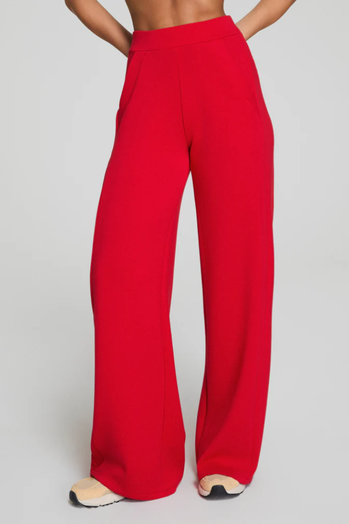 Red wide-leg pants worn by a person on a plain background