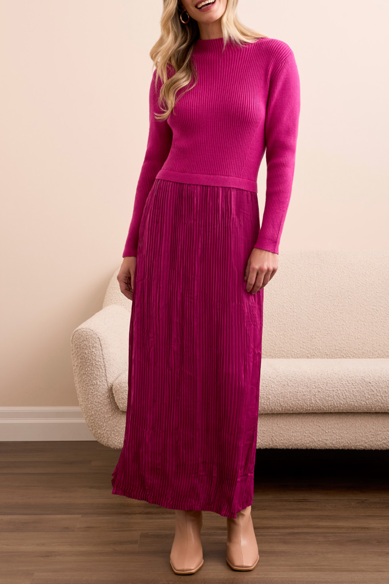 Tribal Long-Sleeve Twofer Maxi Dress with Lining Pink Flamb L Tribal Long-Sleeve Twofer Maxi Dress with Lining Pink Flamb L