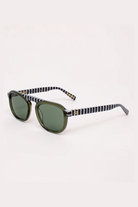 Sunglasses with checkered arms on a white background