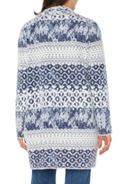 Patterned cardigan with blue and white design on a plain background