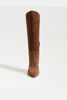 Brown suede knee-high boot on a white background
