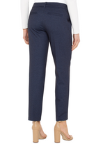 Navy blue pants worn by a person on a white background