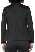 Black suit jacket worn by a person on a white background
