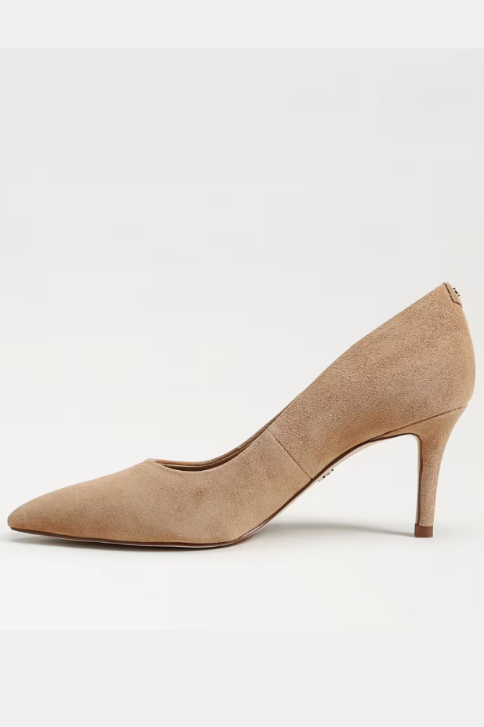 Beige high-heeled shoe on a white background
