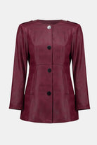 Maroon leather coat with black buttons on a white background