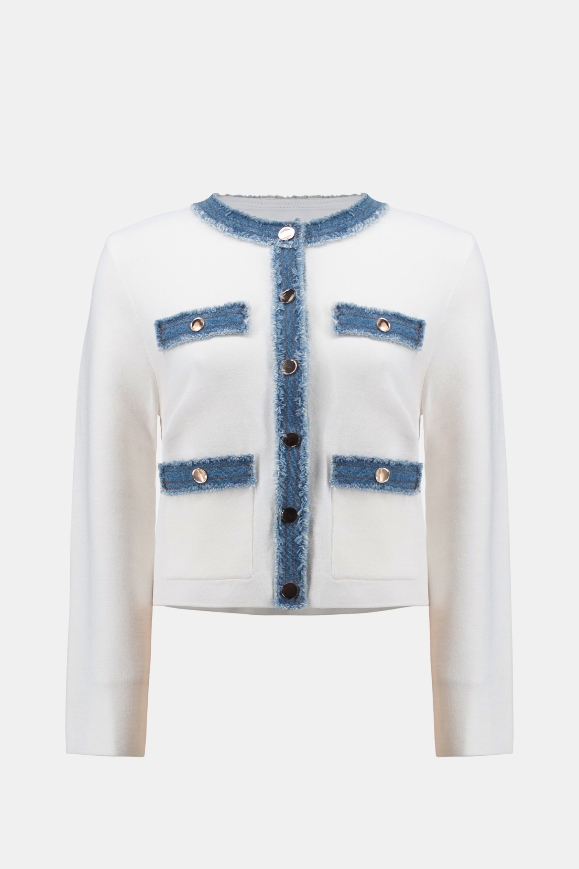 White cardigan with denim accents on a white background