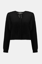 Black long-sleeve top with a drawstring on a white background