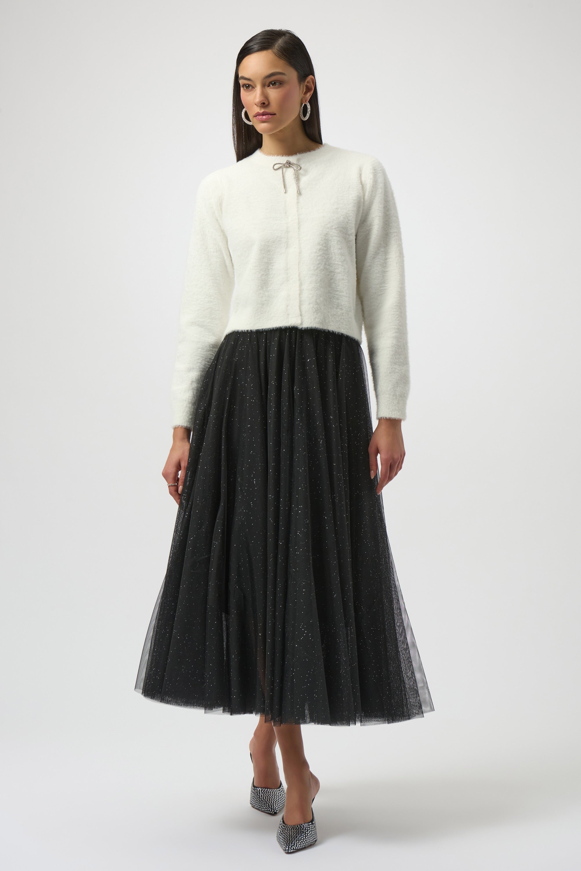 Feather Yarn Cardigan with Rhinestone Bow-Winter White – Rooted