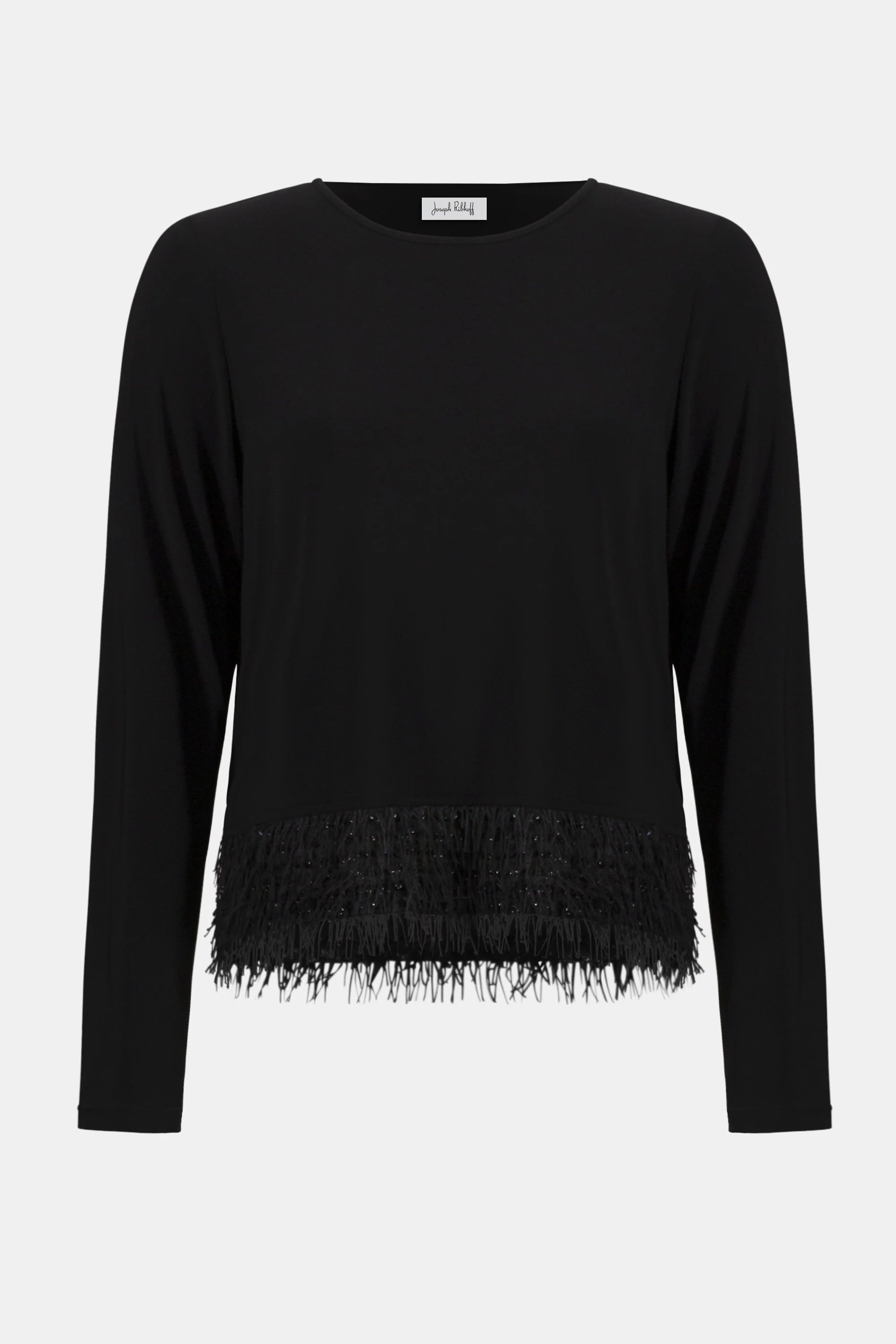 Black sweater with fringe detail on a white background