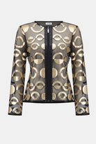 Sheer black top with gold circular pattern on a white background