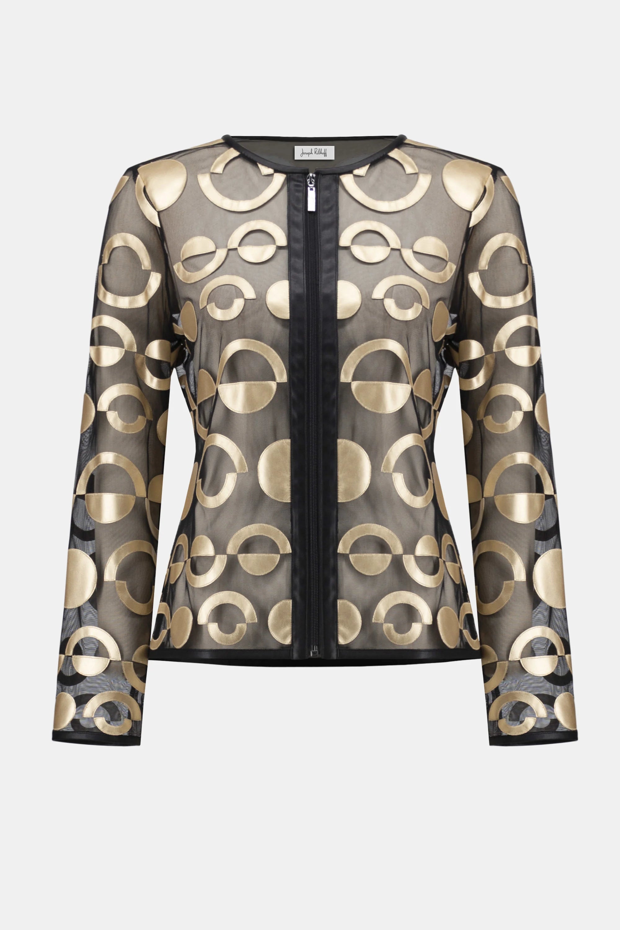 Sheer black top with gold circular pattern on a white background