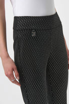 Black patterned pants with a brand logo on a white background