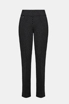 Black patterned pants on a light gray background