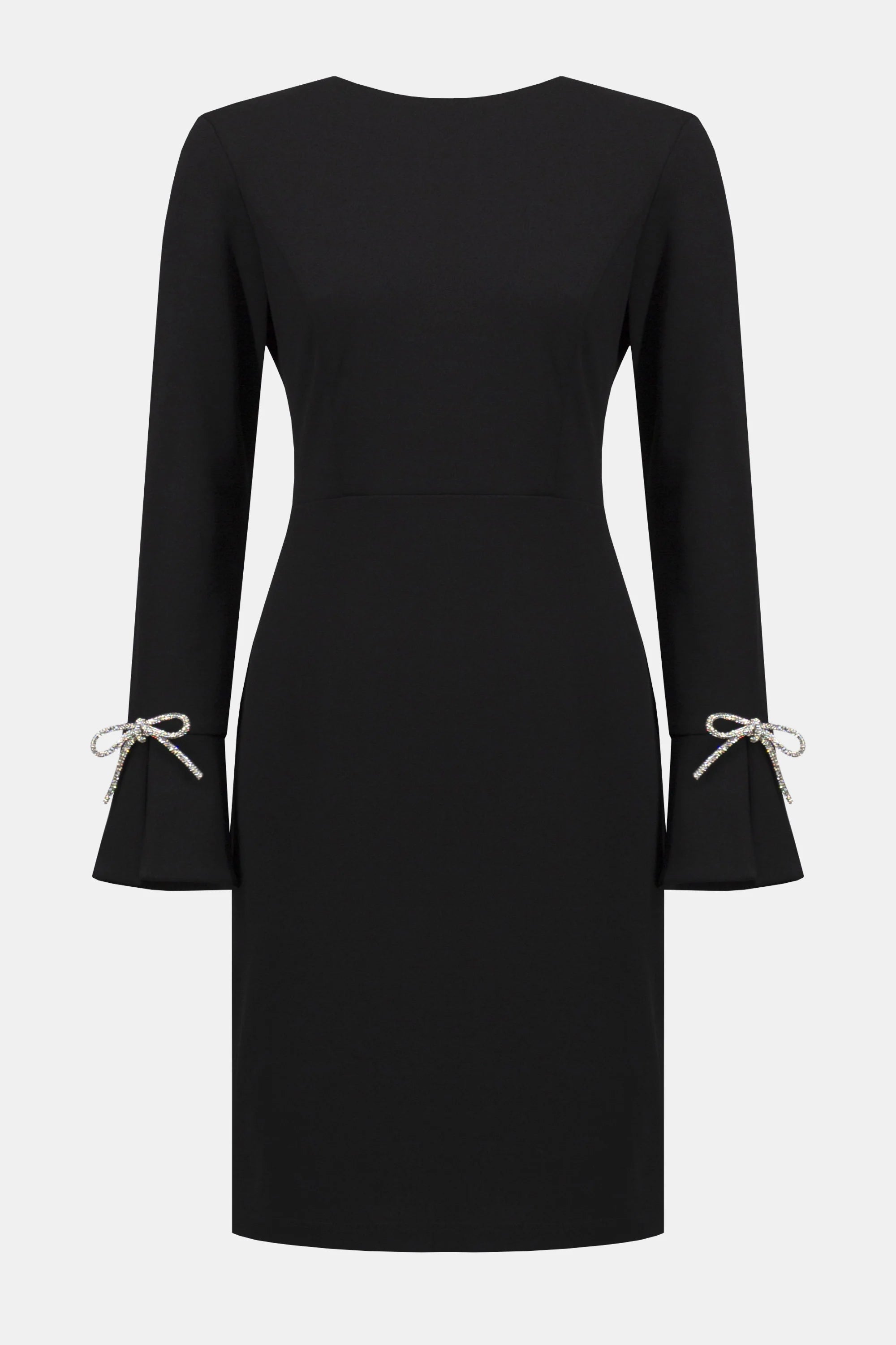 Black dress with long sleeves and bow details on a white background