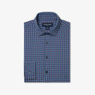 Folded blue and red checkered shirt with Mizzen+Main label on a white background